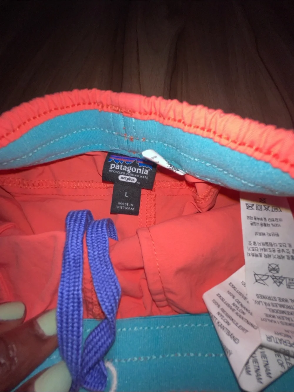 Patagonia Coral Shorts  with Teal Waistband and Purple Drawcord L